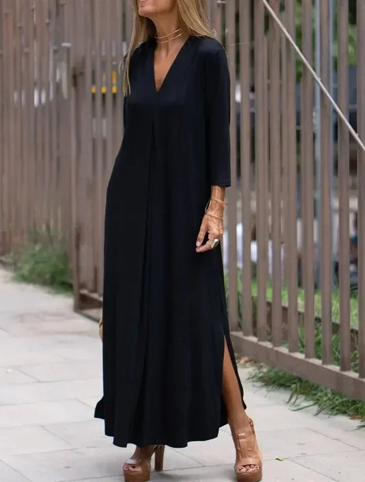 2025 Spring Black V-Neck Long Sleeve Loose Dress