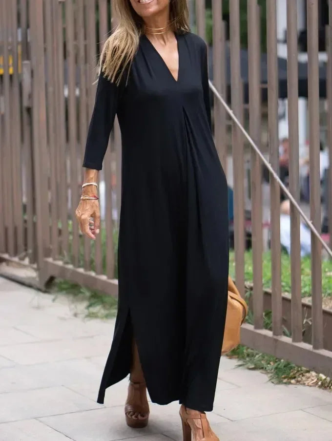 2025 Spring Black V-Neck Long Sleeve Loose Dress