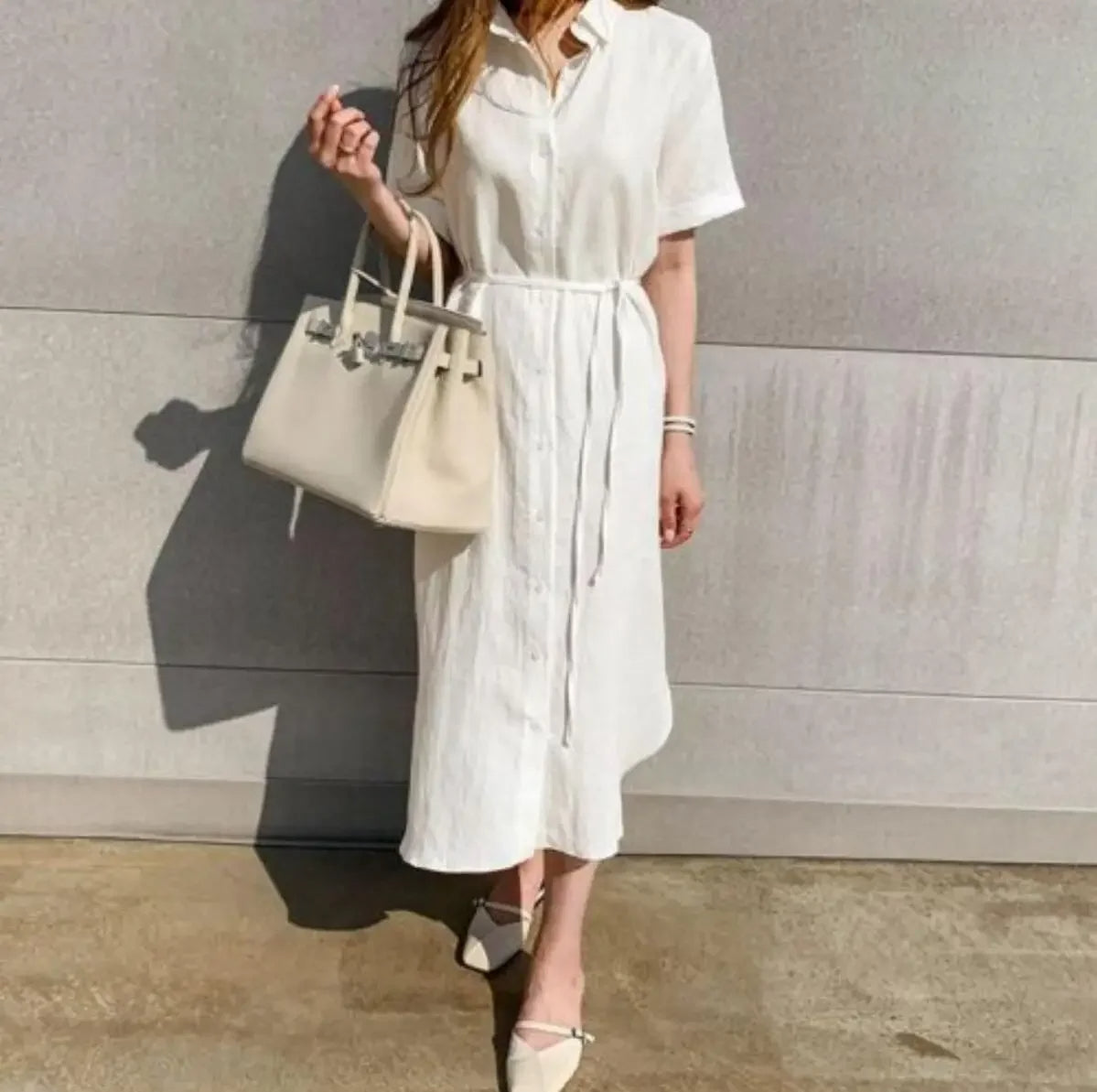 Elegant White Cotton-Linen Long Dress with Lace-Up Detail