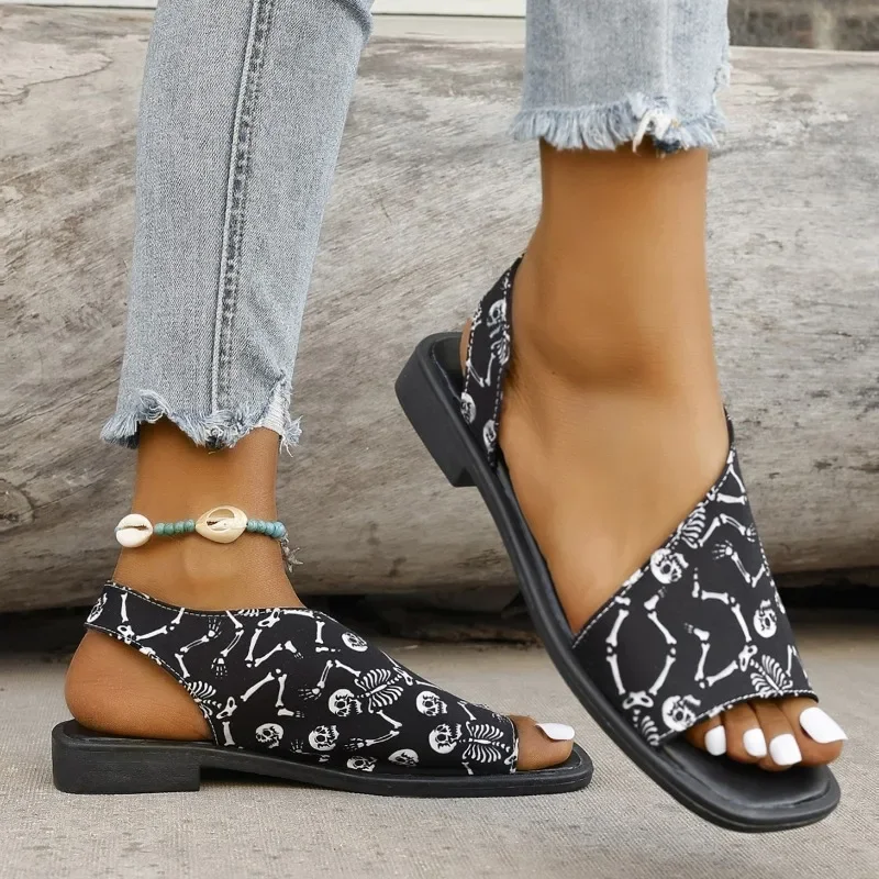 Skull Print Slip-On Summer Sandals