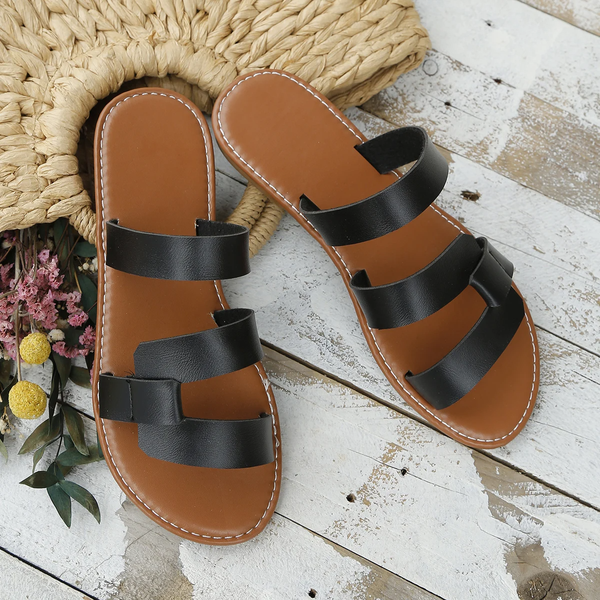 Elegant Leather Cross-Strap Slippers