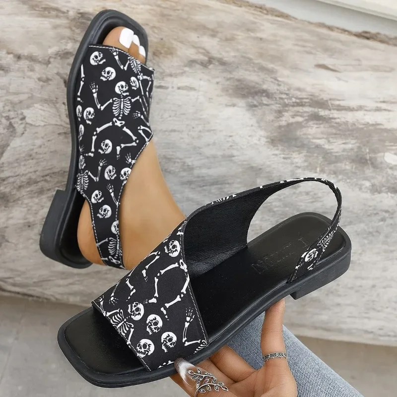 Skull Print Slip-On Summer Sandals