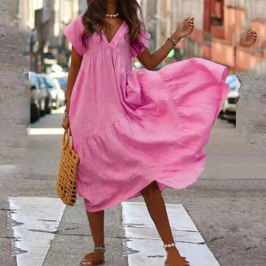 Long V-Neck Pink Dress