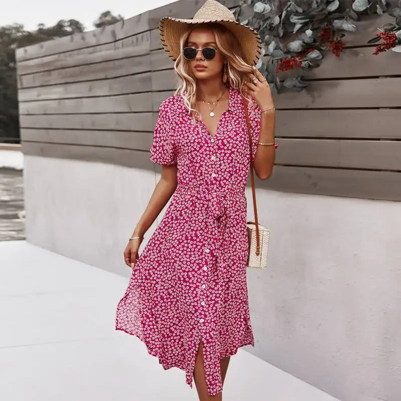 Floral Print V-Neck Midi Dress – Chic Summer Style