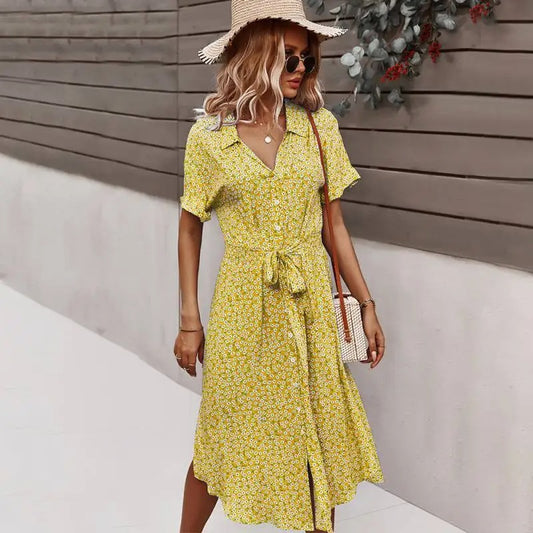 Floral Print V-Neck Midi Dress – Chic Summer Style