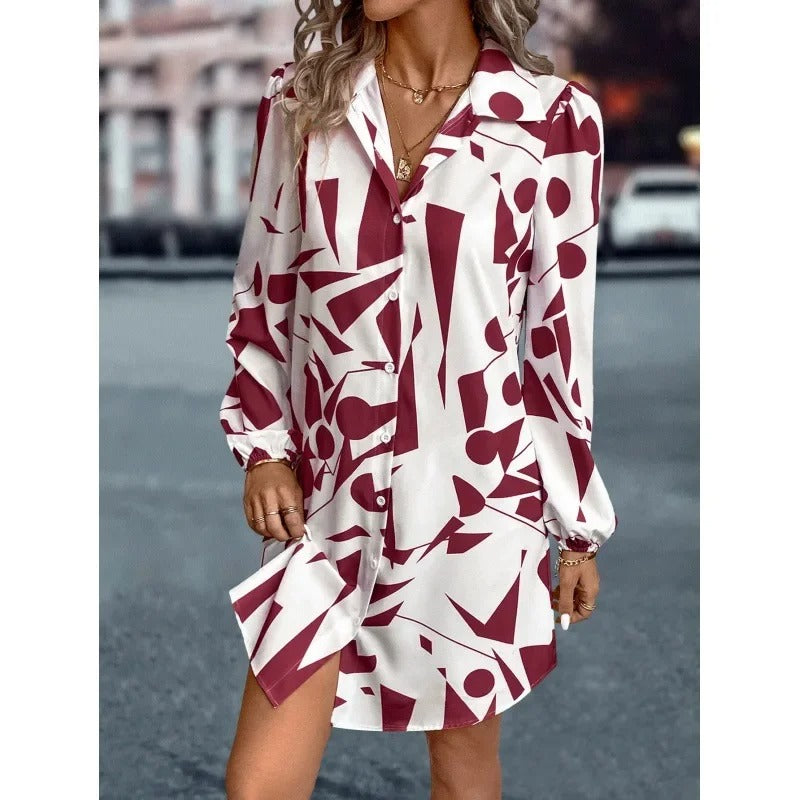 2025 Summer Printed Long Lantern Sleeve Shirt Dress