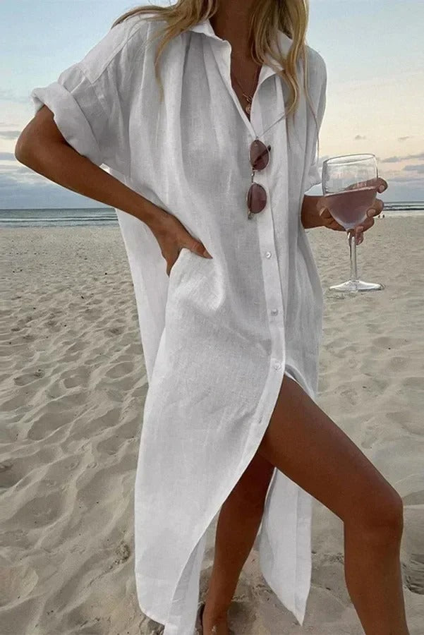 Pure Elegance: White Cotton Linen Long Shirt Dress