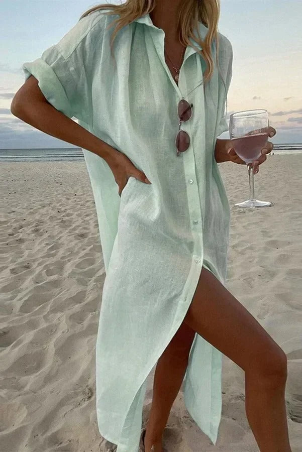 Pure Elegance: White Cotton Linen Long Shirt Dress