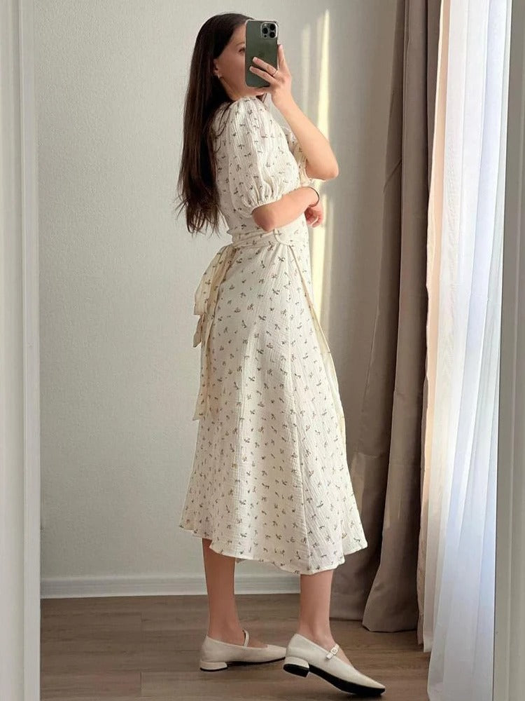 Elegant White Floral Print Cotton Midi Dress for Women