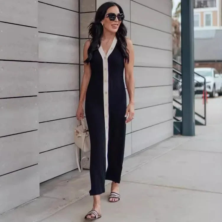 Knitted Sleeveless V-Neck Black Maxi Dress