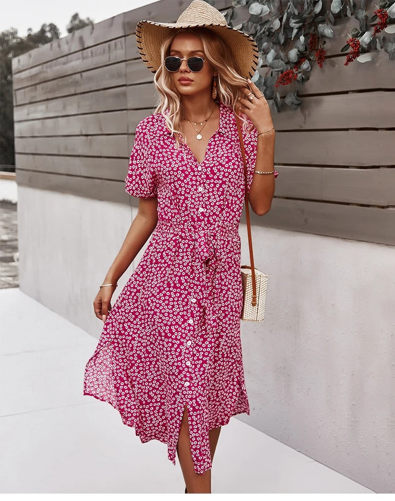 Floral Print V-Neck Midi Dress – Chic Summer Style