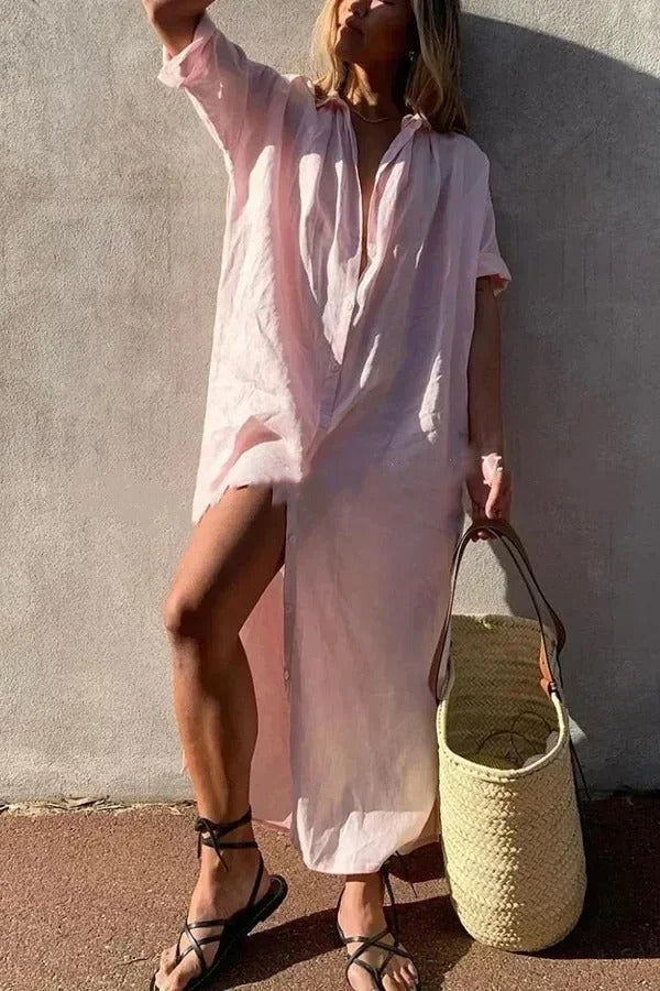 Pure Elegance: White Cotton Linen Long Shirt Dress