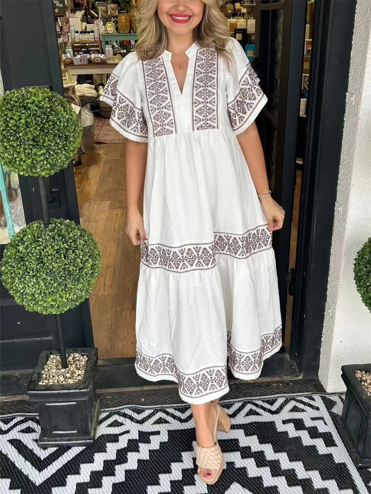 2025 Summer Bohemian Women’s V-Neck Petal Sleeve A-Line Long Dress