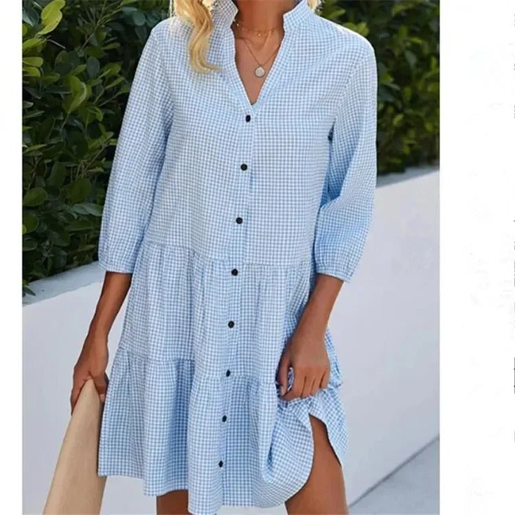 Elegant Striped V-Neck A-Line Shirt Dress