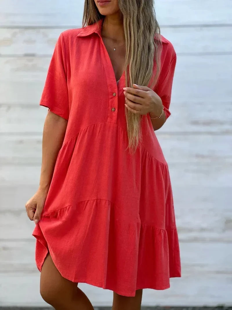 2025 Summer Cotton Linen Red Dress - Oversized V-neck A-line Casual Fashion