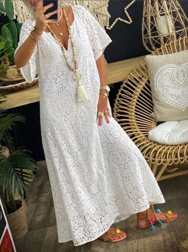 2025 Spring White Lace V-Neck Long Dress