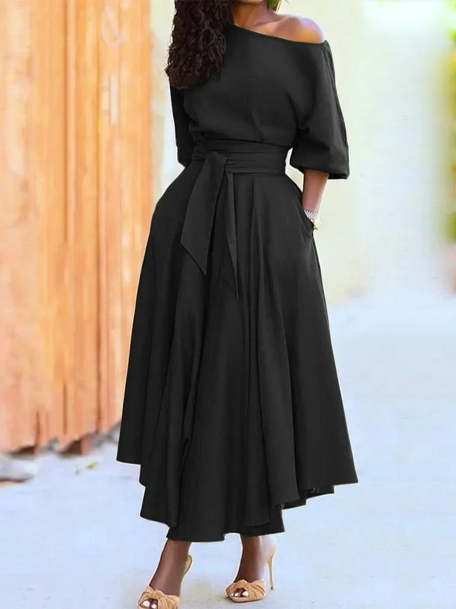 Elegant Black Lace-Up Lantern Sleeve Dress – Timeless Evening Glamou