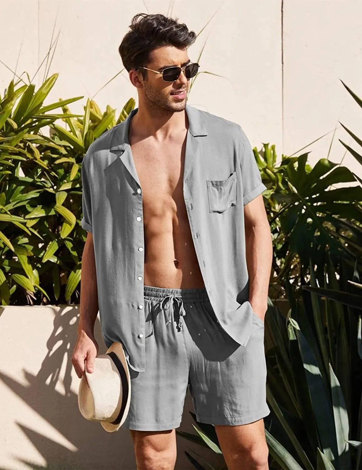 Men's Summer Linen Short-Sleeve Shirt & Shorts Set