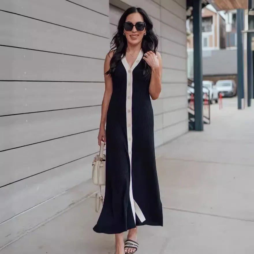 Knitted Sleeveless V-Neck Black Maxi Dress