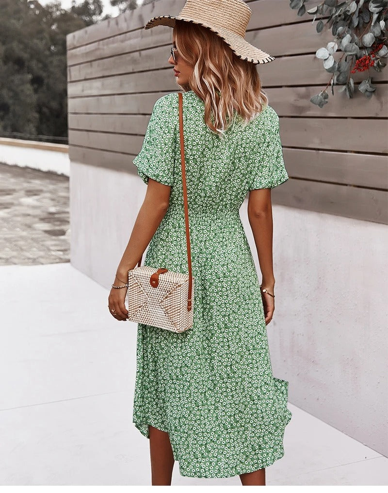 Floral Print V-Neck Midi Dress – Chic Summer Style