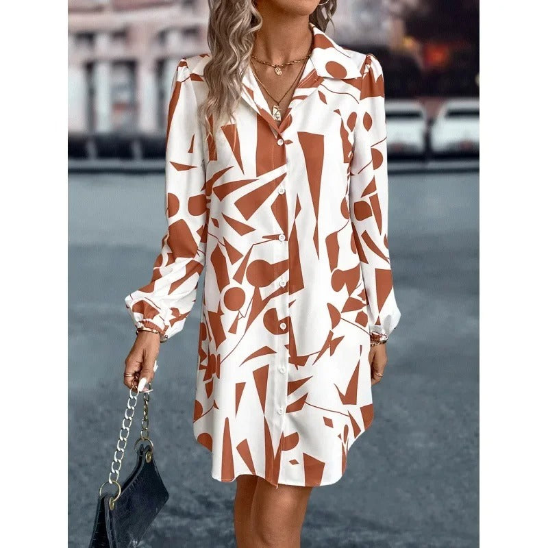 2025 Summer Printed Long Lantern Sleeve Shirt Dress