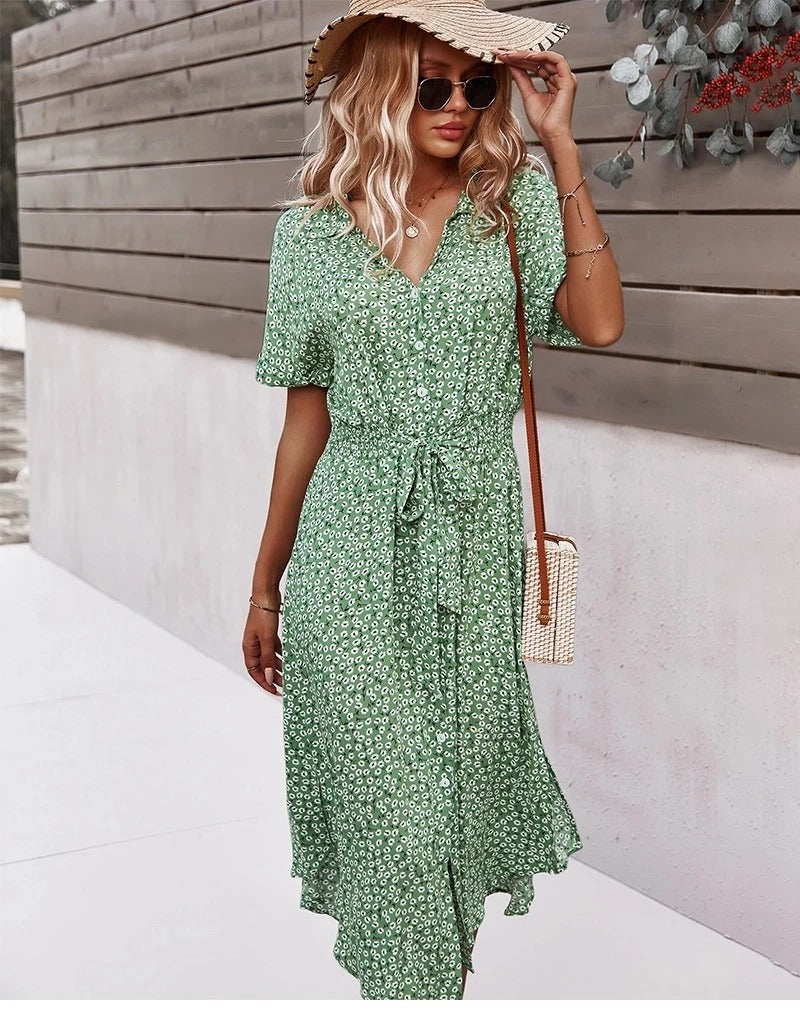 Floral Print V-Neck Midi Dress – Chic Summer Style