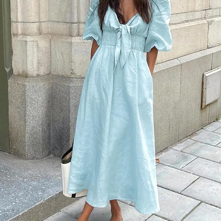 Azure Grace: Summer Cotton Linen Midi Dress