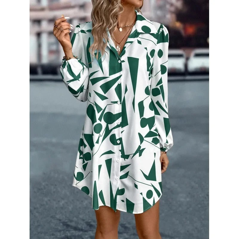 2025 Summer Printed Long Lantern Sleeve Shirt Dress