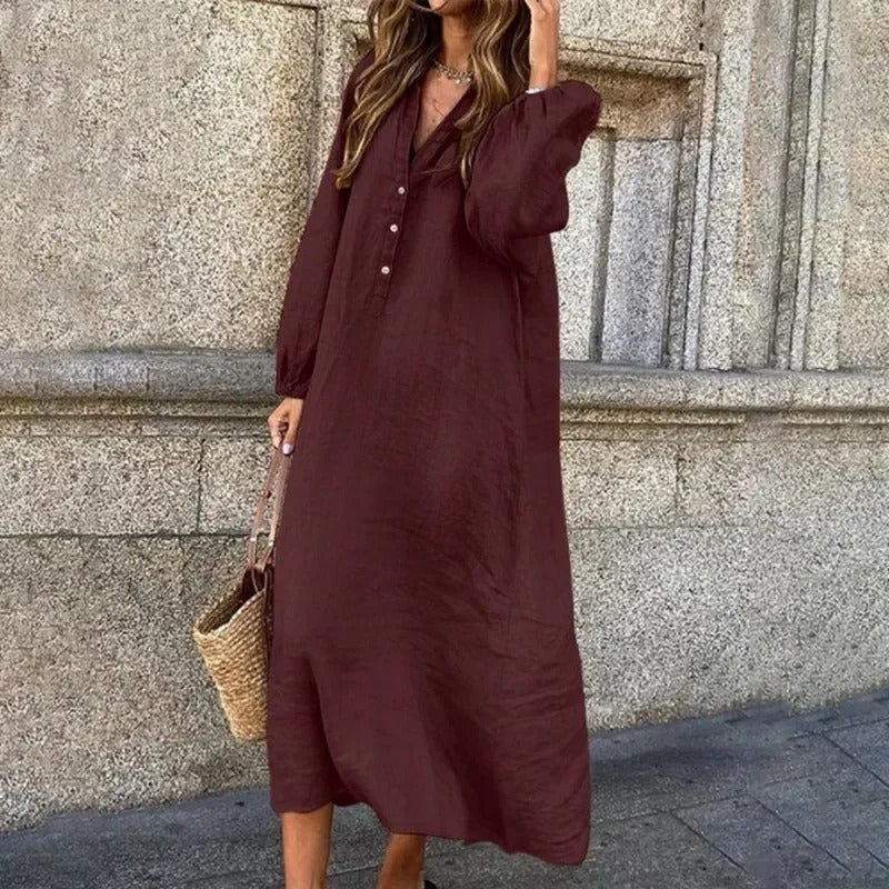 Elegant Black Cotton-Linen Long Dress