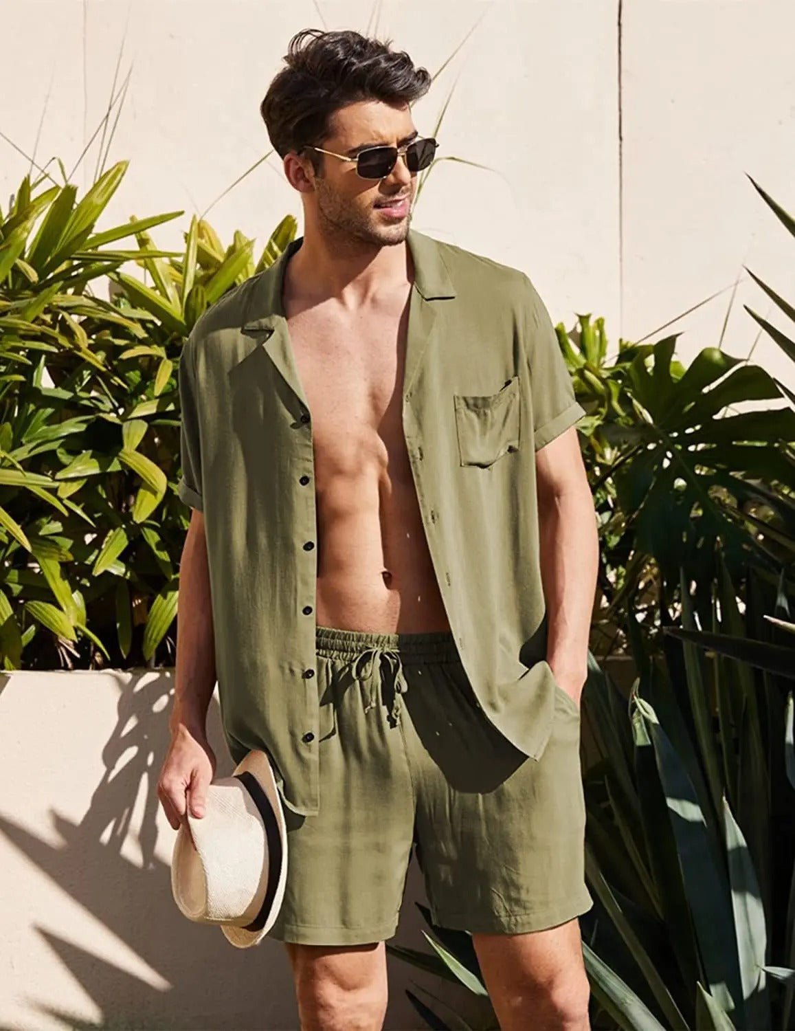 Men's Summer Linen Short-Sleeve Shirt & Shorts Set