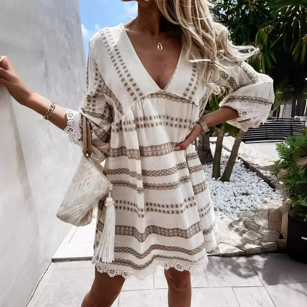 2025 Summer V-Neck Printed Flare Sleeve Dress