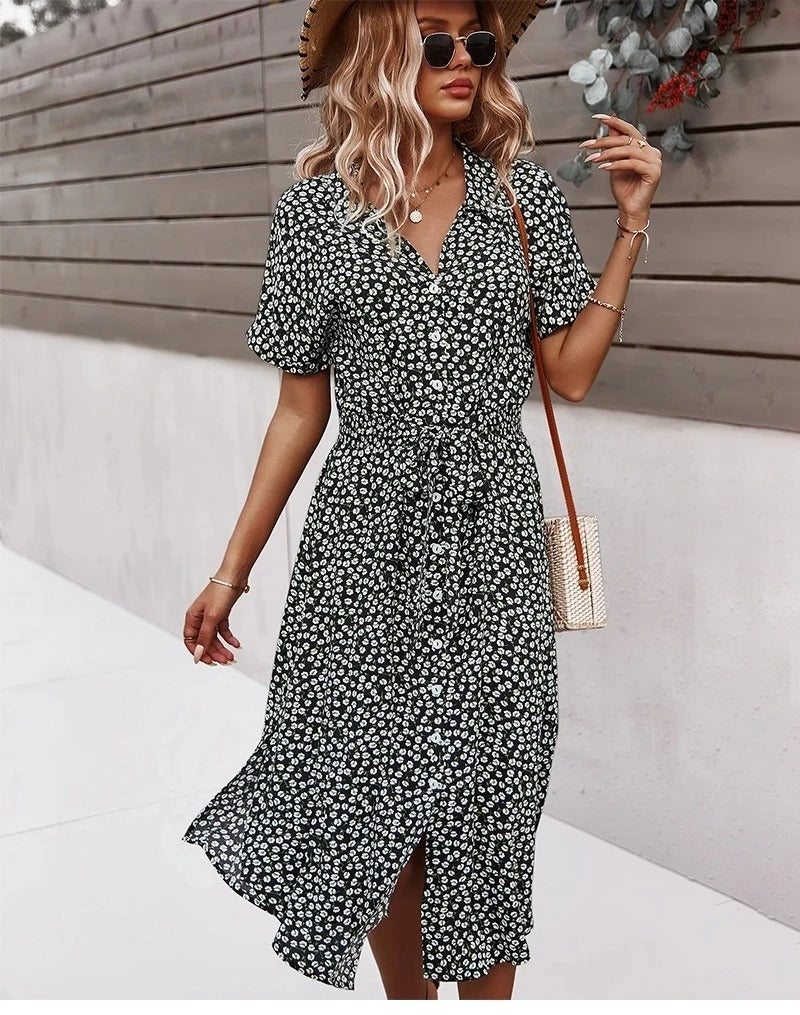 Floral Print V-Neck Midi Dress – Chic Summer Style