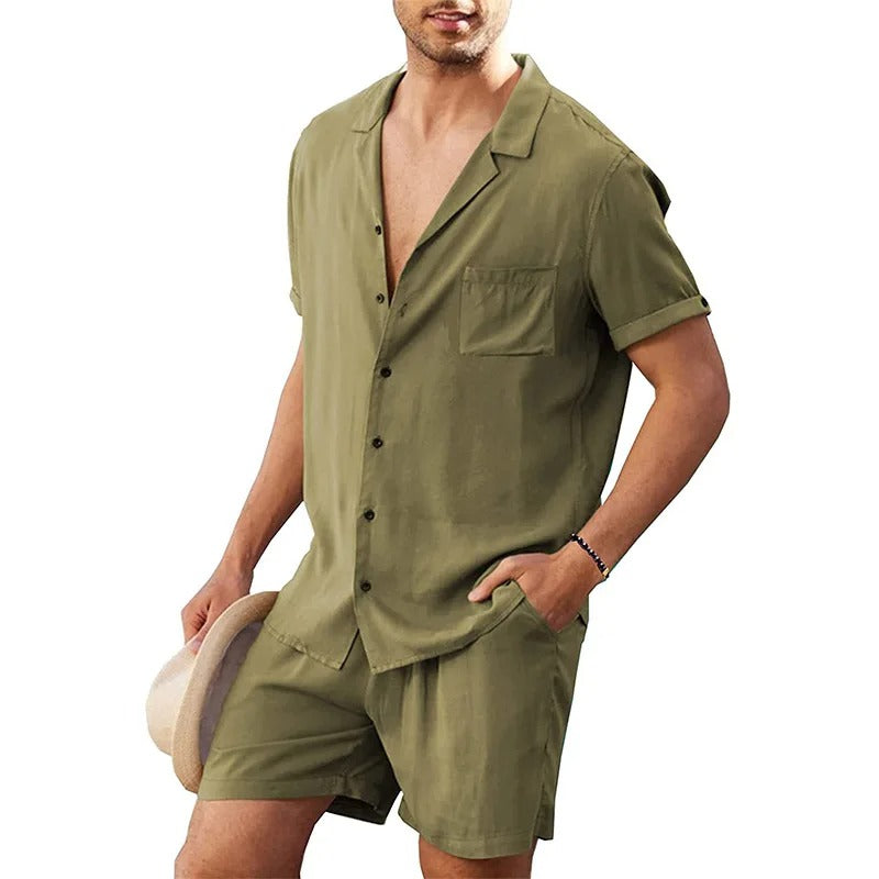 Men's Summer Linen Short-Sleeve Shirt & Shorts Set