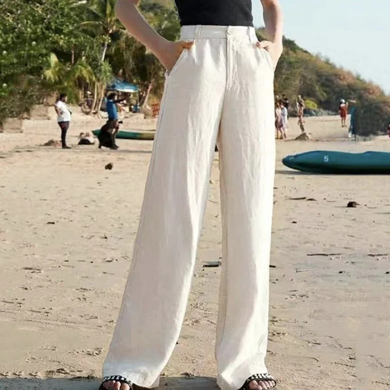 High-Waist Cotton-Linen Wide-Leg Pants