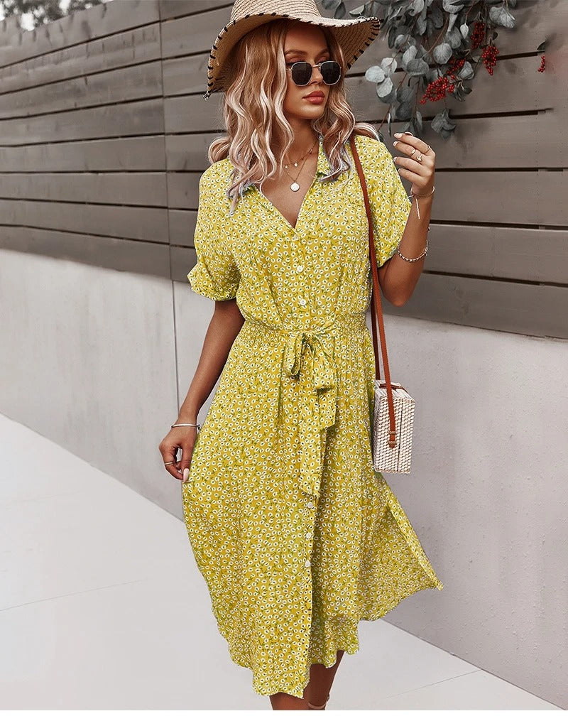 Floral Print V-Neck Midi Dress – Chic Summer Style