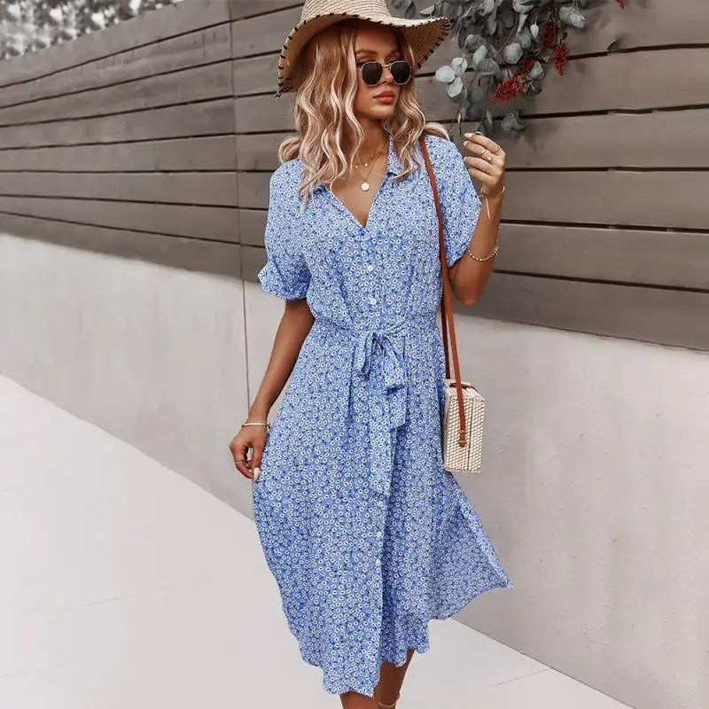 Floral Print V-Neck Midi Dress – Chic Summer Style