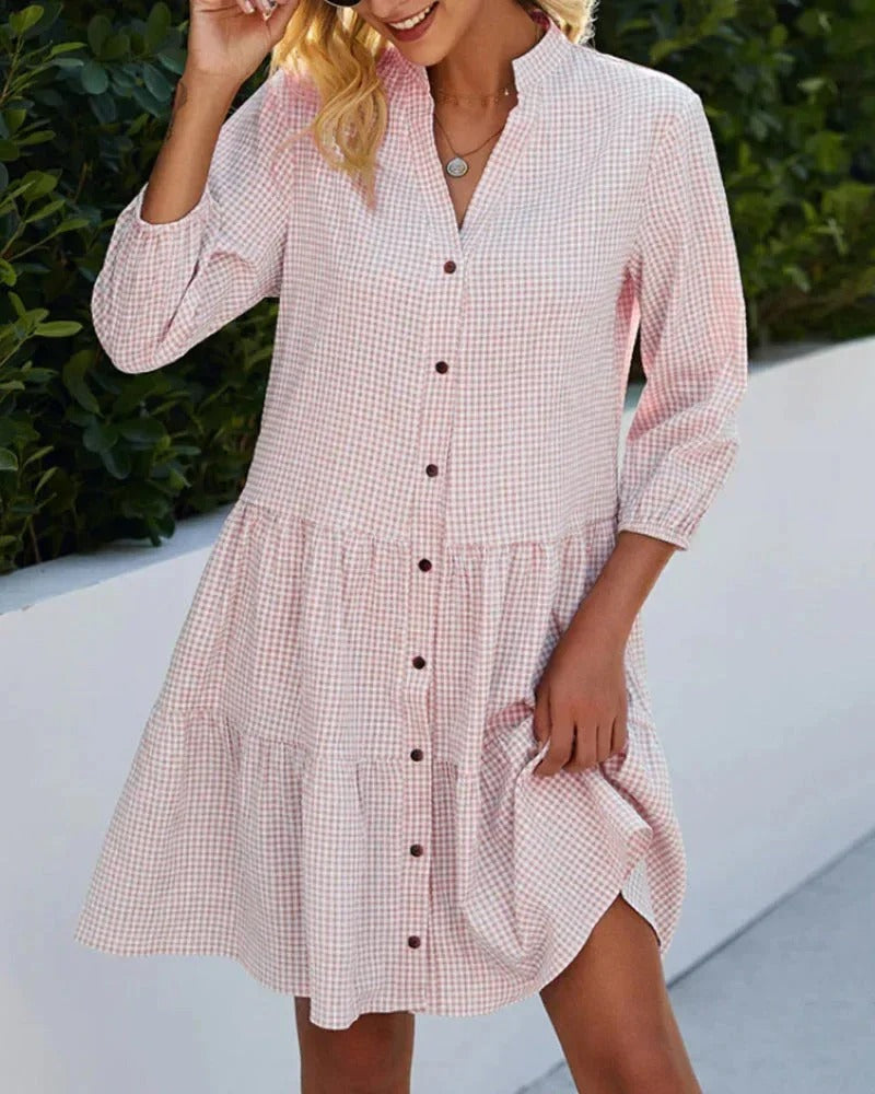 Elegant Striped V-Neck A-Line Shirt Dress