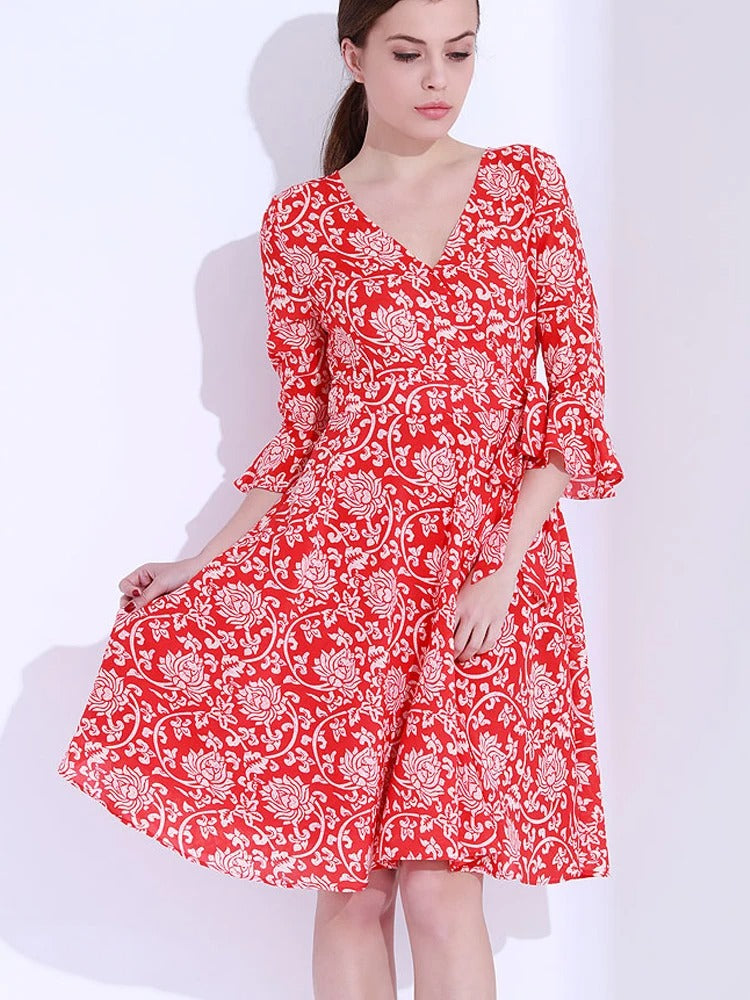 Autumn Bloom: Red Floral Swing Dress with Ruffles