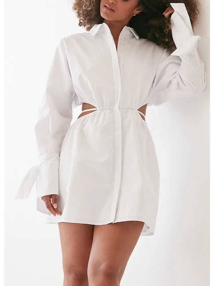 Crisp Charm: White High-Waist Shirt Dress