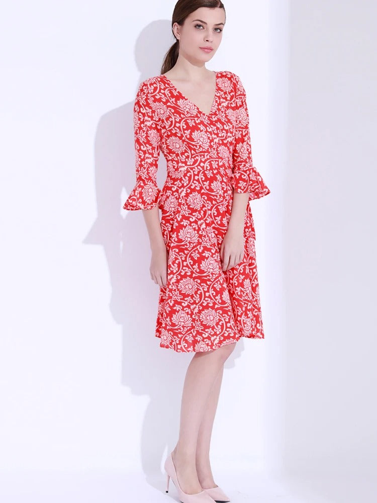 Autumn Bloom: Red Floral Swing Dress with Ruffles