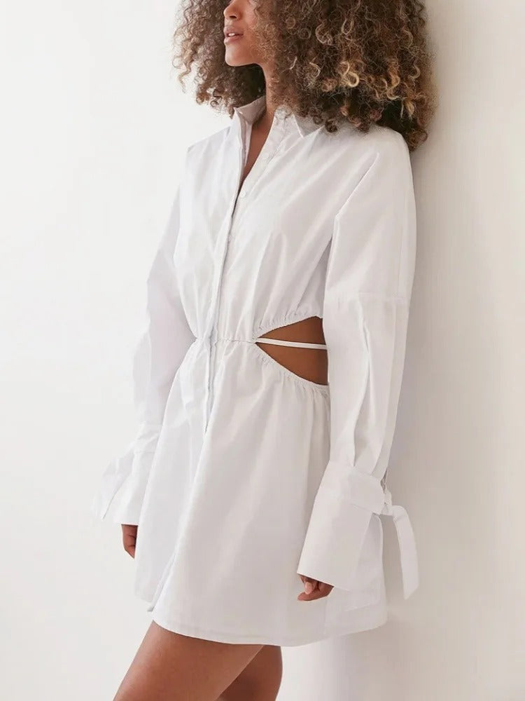 Crisp Charm: White High-Waist Shirt Dress