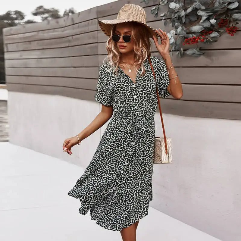 Floral Print V-Neck Midi Dress – Chic Summer Style