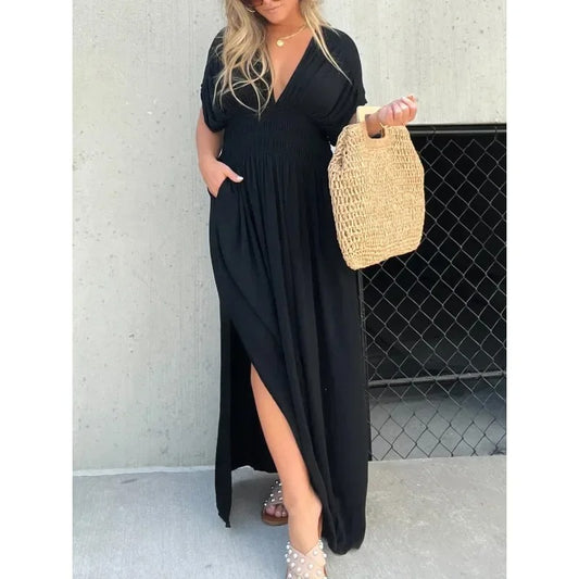 2025 Summer Women’s Black V-Neck Batwing Sleeve High Waist Long Dress