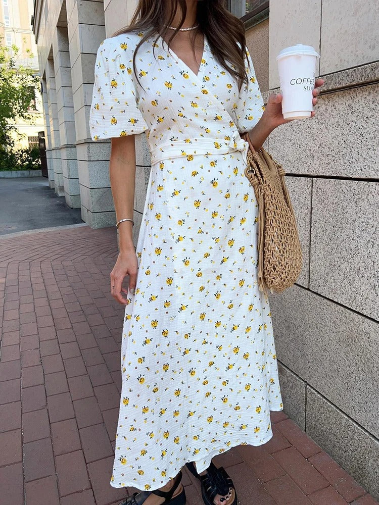 Elegant White Floral Print Cotton Midi Dress for Women