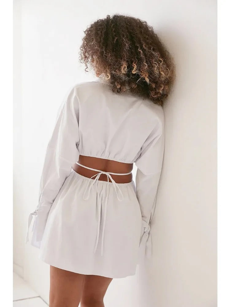 Crisp Charm: White High-Waist Shirt Dress