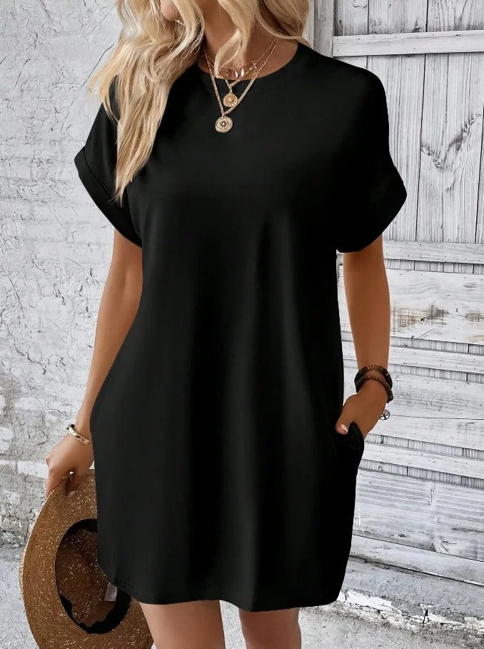 2025 Summer Women’s Black O-Neck Loose Elegant Dress