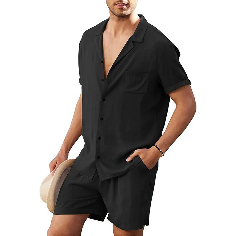 Men's Summer Linen Short-Sleeve Shirt & Shorts Set