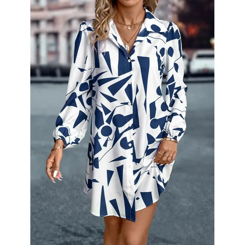 2025 Summer Printed Long Lantern Sleeve Shirt Dress