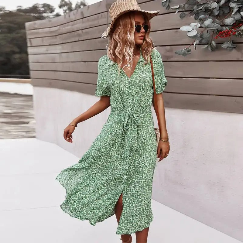 Floral Print V-Neck Midi Dress – Chic Summer Style