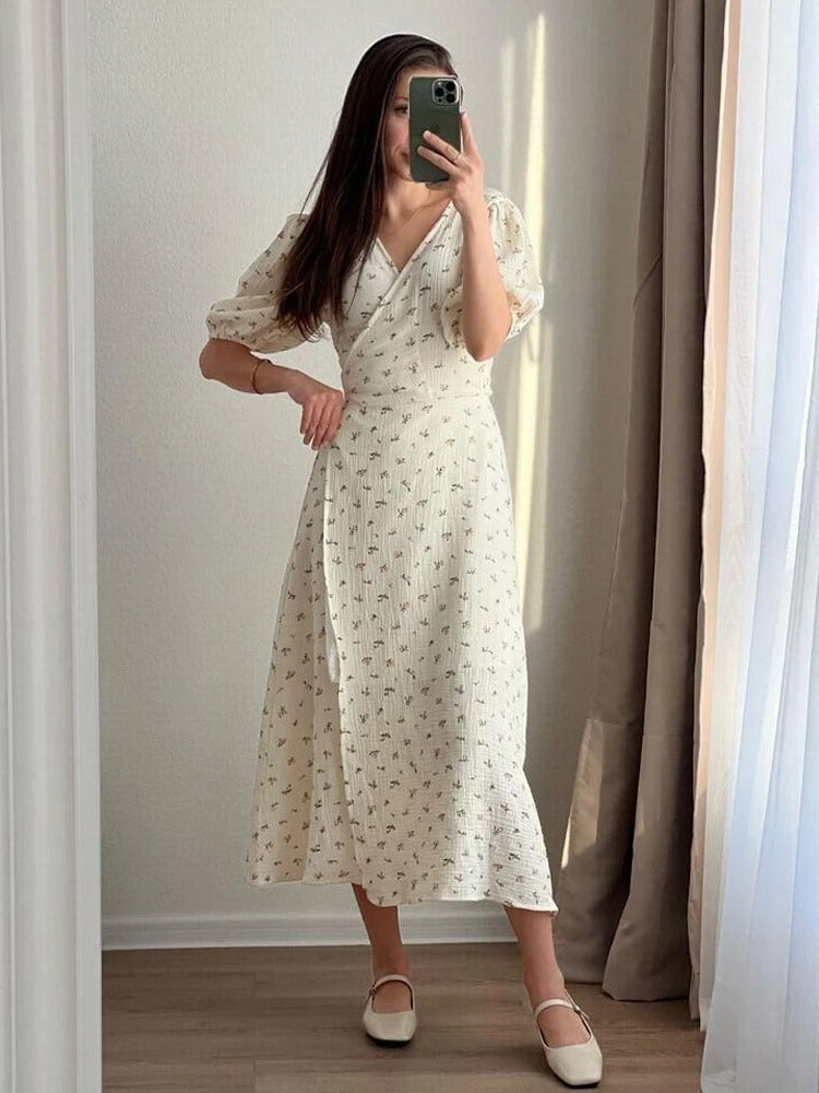 Elegant White Floral Print Cotton Midi Dress for Women